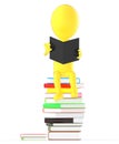 3d yellow character reading book while sitting on the top of pile of books Royalty Free Stock Photo