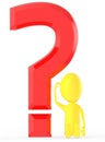 3d yellow character scraching his head while siting near to a large question mark , confused , uncertain & thinking