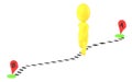 3d yellow character walking through a direction route from destion a to b