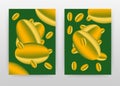 3D Yellow coffe beans on green background design for annual report, brochure, flyer, leaflet, poster. Coffe beans falling on green