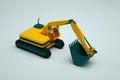3D yellow excavator stands on a white isolated background. 3D object of the yellow excavator. Heavy construction work Royalty Free Stock Photo