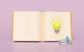 3d yellow light bulb with pencil, open book, textbook, isolated on pink background. idea tip education, knowledge creates ideas