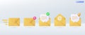 3d Yellow mail envelope icon set symbol. Render email notification with letters, check mark, paper plane icons. communication