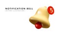 3d yellow realistic notification bell is ringing isolated on white background. Vector illustration