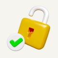 3d Yellow unlocked padlock icon with green check symbol. Security concept. icon isolated on white background. 3d Royalty Free Stock Photo