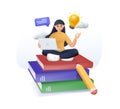 3D Young girl student sitting on pile of books and using laptop. 3D render illustration of e learning and tutorial.