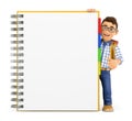 3D Young student with a huge blank notepad