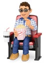 3D Young teen in the cinema with popcorn and drink