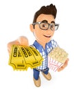 3D Young teen with movie tickets and popcorn