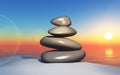 3D zen landscape with a stack of pebbles in sand against a sunset sky