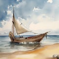 Morning seascape with a boat with sails, watercolor