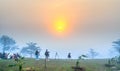 Tourists watching the dawn on a misty morning