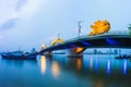 Da Nang panorama view by Han river by twilight period. Da Nang is one of the major port city in Vietnam and the biggest city in Ce