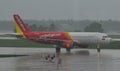 Passenger airplane taxiing on the runway