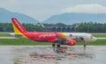 Passenger airplane taxiing on the runway