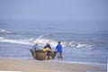 Da Nang, Vietnam, January 16, 2020, Vietnamese fisherman flying inside a round bamboo Royalty Free Stock Photo