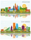 Da Nang Vietnam and Krakow Poland City Skylines Set with Color Buildings, Blue Sky and Reflections