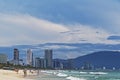 Seafront high-rise hotels on the south end of the golden sand beach My Khe, Danang beach, on sunny day