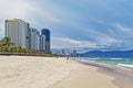 Seafront high-rise hotels on the south end of the golden sand beach My Khe, Danang beach, on sunny day