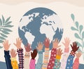 Group of raised hands of joyful happy multicultural children. Hands up of kids from different nations and cultures. Diversity.Team Royalty Free Stock Photo