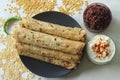Daal paratha served with garlic chutney and curd. Indian flatbread with lentils and spices
