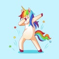 Dabbing unicorn. Dab dancing meme pose, dreamy horse in cool glasses. Memes dance cartoon vector illustration Royalty Free Stock Photo