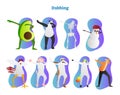 Dabbing vector illustration. Avocado, panda, skeleton and snowman Frosty is dropping head and showing famous hiphop dance move.