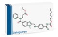 Dabigatran molecule. It is anticoagulant medication. Skeletal chemical formula. Paper packaging for drugs