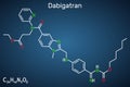 Dabigatran molecule. It is anticoagulant medication. Structural chemical formula on the dark blue background