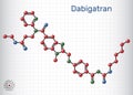 Dabigatran molecule. It is anticoagulant medication. Structural chemical formula and molecule model. Sheet of paper in a cage