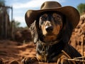 Dachshund with cowboy hat gazing afar