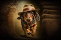 Dachshund Dog archeologist with hat and whip escaping from danger illustration generative ai