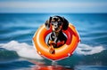 A dachshund dog, black and tan, floats on an orange lifebuoy at sea. Training. The rescue dog. Royalty Free Stock Photo