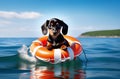 A dachshund dog, black and tan, floats on an orange lifebuoy at sea. Training. The rescue dog. Royalty Free Stock Photo