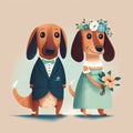 Dachshund dog bride and groom. Lovely wedding couple. Just Married Royalty Free Stock Photo