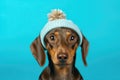 Dachshund Dog In Cap On Pale Turquoise Color Background. Generative AI