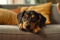 Dachshund dog lying on sofa, portrait of cut pet waiting on couch in room, generative AI