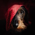 Dachshund dog portrait indoors with a cloth on the head Royalty Free Stock Photo