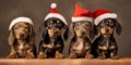Dachshund dog puppies with red Christmas santa hats on brown background
