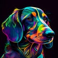 Dachshund dog puppy in abstract, graphic highlighters lines rainbow ultra-bright neon artistic portrait