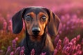 Dachshund dog in purple heather flower field