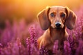 Dachshund dog in purple heather flower field