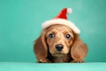 Dachshund dog with Santa Claus Christmas hat in front of green background