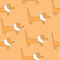 Dachshund dog seamless pattern with dots. Animal vector illustration on marigold background. Goof for textile, fabric, wrapping
