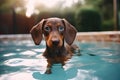 dachshund dog swimming in swimming pool