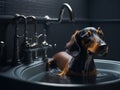 A dachshund dog takes a bath.