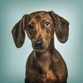 Dachshund with Heterochromia against turquoise background Royalty Free Stock Photo