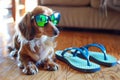 dachshund with mirrored sunglasses next to flipflops