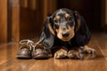 a dachshund puppy pulling on a slippers heel on a wooden floor