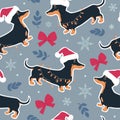 Dachshund in Santa\'s hat. Cute festive seamless pattern of dogs and winter elements.